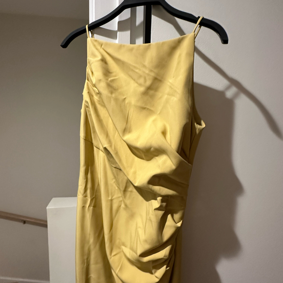 Elegant Yellow Draped Boat Neckline Midi Dress - Picture 6 of 10